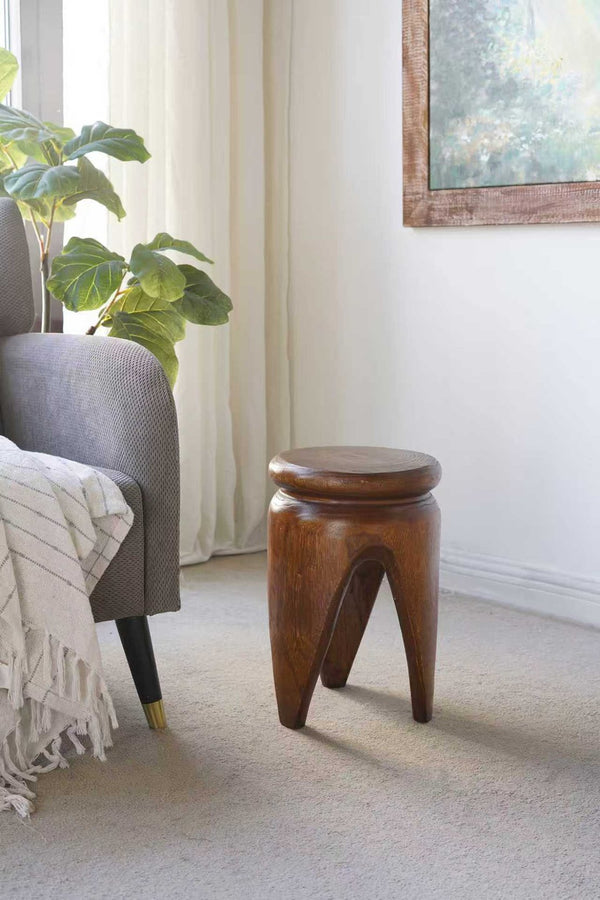 English Elm 11x11x16.5" Solid Paulownia Wood Side Table Hand Carved Three Leg Earthy Accent W2078P461605