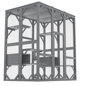 English Elm Outdoor Fir Wood Cat Enclosure Three Tier Six Platform Habitat with Waterproof Roof W1598P390796