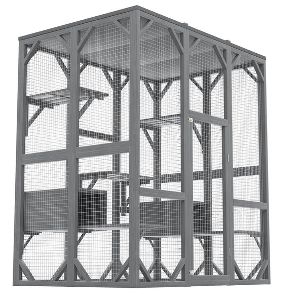 English Elm Outdoor Fir Wood Cat Enclosure Three Tier Six Platform Habitat with Waterproof Roof W1598P390796
