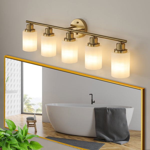 English Elm 31" Modern 5-Light Vanity Wall Sconce with Frosted Glass Shades for Bathroom Dressing Room Lighting Golden W1340P206702