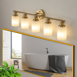 English Elm 5-Light Golden Bathroom Vanity Light Fixture, Frosted Glass Shades, Modern Wall Mounted Lighting (No Bulbs)