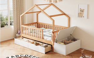 English Elm Toddler Playhouse Bed Solid Pine Frame with Storage Drawers Safety Gate Kids Room N899P429858N