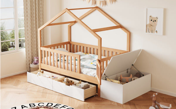 English Elm Toddler Playhouse Bed Solid Pine Frame with Storage Drawers Safety Gate Kids Room N899P429858N