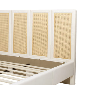 English Elm Jennifer Taylor Home - Toscana Queen Upholstered Cane Back Bed - Coastal Elegance In Antique White With Rattan Panels B2719P385736