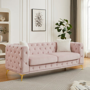 English Elm Fx Chesterfield Velvet Sofa with Diamond Tufting Polished Legs and Accent Pillows Pink W1926S00082