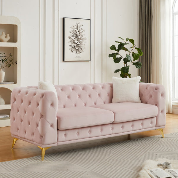 English Elm Fx Chesterfield Velvet Sofa with Diamond Tufting Polished Legs and Accent Pillows Pink W1926S00082