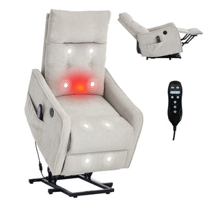 English Elm Beige Chenille Power Lift Recliner with Massage Heat and Usb for Senior Comfort Beige W1803P364114