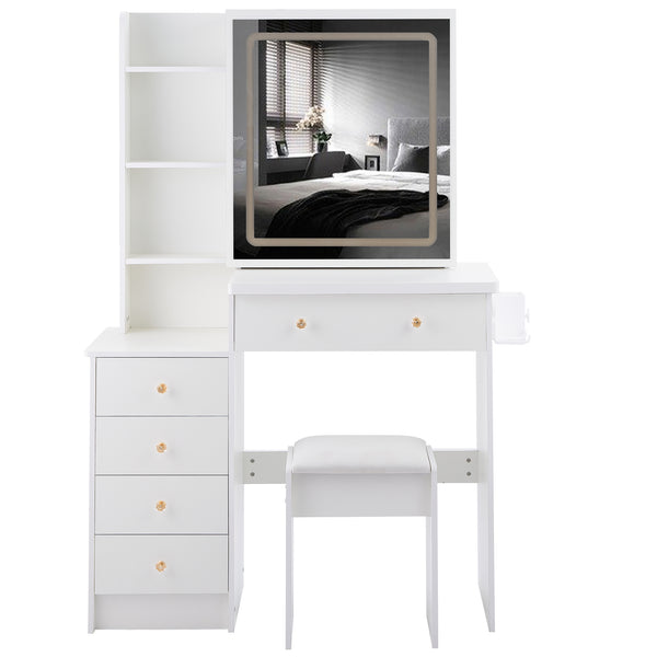 English Elm 37" Vanity Table Set with Led Mirror Stool Built-in Outlets and Hair Dryer Storage White W3258P448846