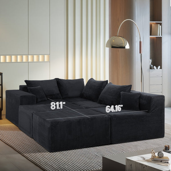English Elm 6-Piece Modular U-Shaped Sectional Sofa with Chaise Convertible Corduroy Comfort and Secure Base Black W3163S00040