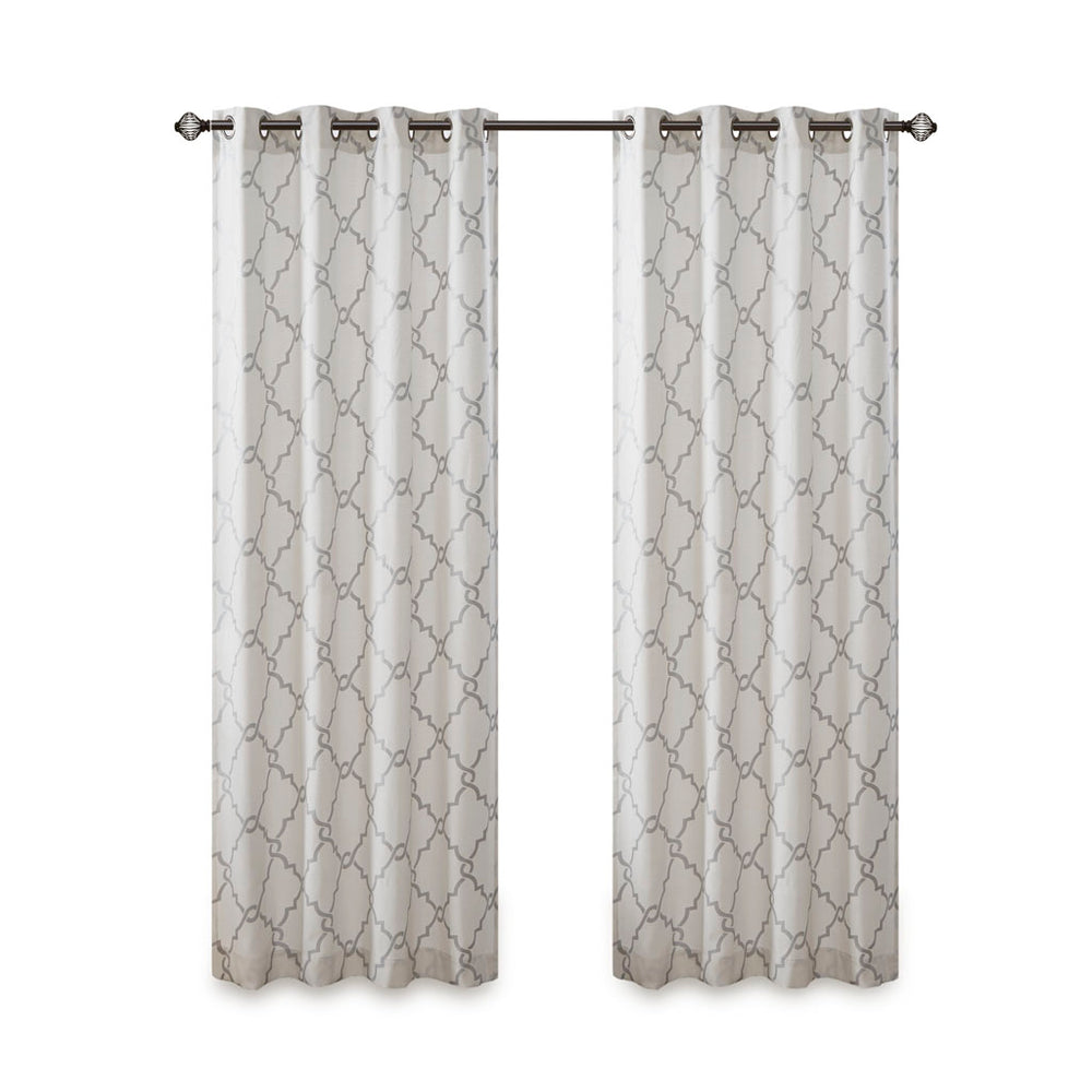 JLA Home Madison Park - Fretwork Metallic Silver Fretwork Print Curtain Panel, Ivory Cotton-Blend Grommet Top, Light-Filtering Elegance MP40-2396