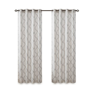 JLA Home Madison Park - Fretwork Metallic Fretwork Curtain Panel with Basket-Weave Cotton Blend, Gunmetal Grommet Top Finish Ivory/Grey MP40-2395