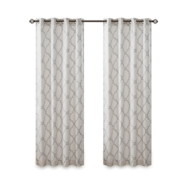 JLA Home Madison Park - Fretwork Metallic Fret Print Curtain Panel with Gunmetal Grommets — Textured Cotton-Blend Light Filter Ivory/Grey MP40-2397