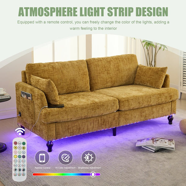 English Elm Modern chenille 2-seater sofa with LED, USB charging, storage pocket, solid wood legs, durable comfort Mustard yellow W395P318542