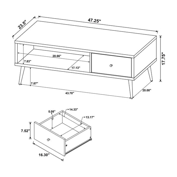 English Elm 1-drawer Retro Rectangular Coffee Table in Distressed Pine Engineered Wood with Deep Gray Drawer & Open Shelf B016P370575