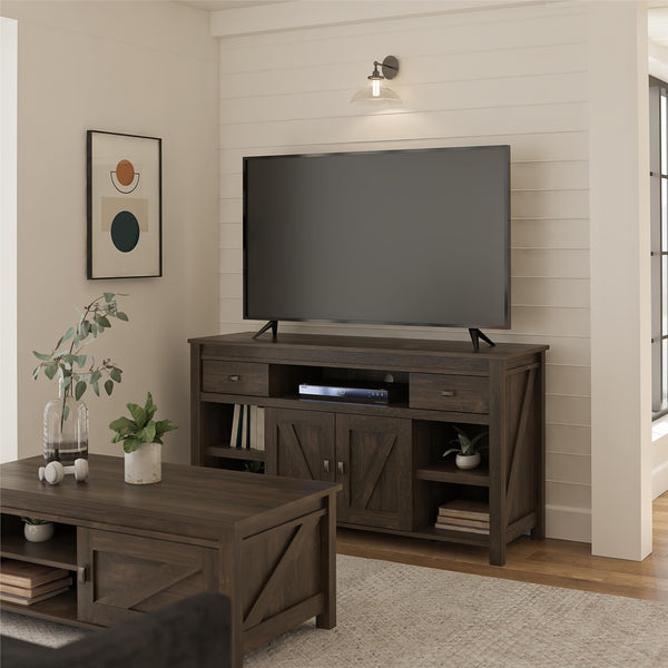English Elm Farmington Rustic Barn Wood Tv Stand with Sliding Doors and Drawer Storage B2733S00022