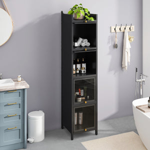 English Elm Modern Four-tier Glass Door Cabinet with Slim Iron Frame, Five Shelves, Heavy-Duty 33lb Capacity Black W757P241562