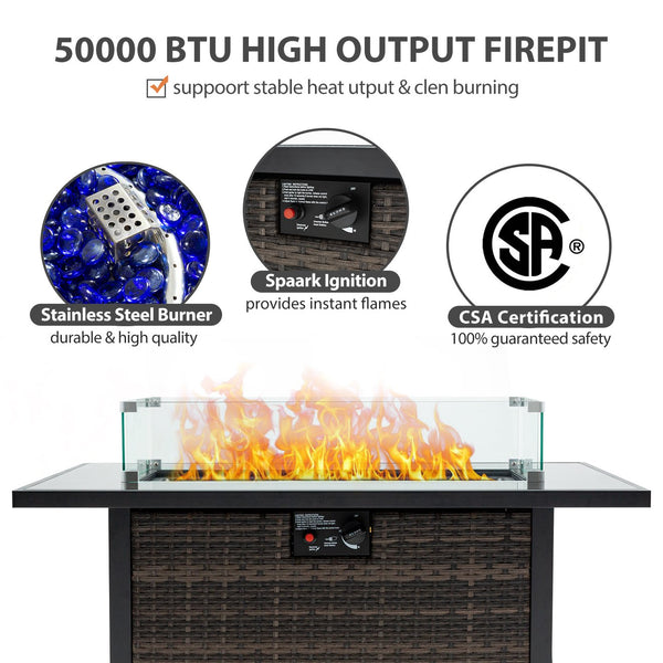 English Elm Outdoor Fire Pit 50,000 BTU Propane Gas Fire Table with Wicker Base, Glass Wind Guard, Lid, Patio Warmer Black+Brown W213P266078