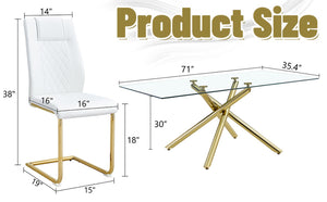 English Elm Table Modern Luxurious Glass Dining Set With 8 Ergonomic Chairs, Gold Legs & White Pu Upholstery W1151S02588-GIGA