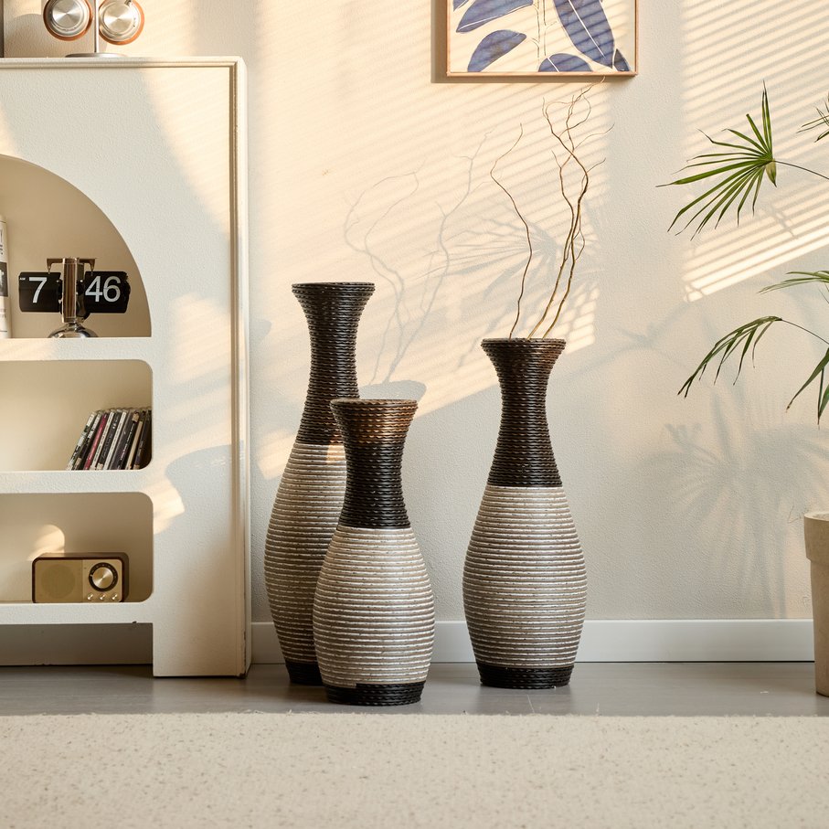 English Elm Desktop Brown Pvc Floor Vase Set of 3 Graduated Sculptural Pieces for Modern Entryways W2796P261483