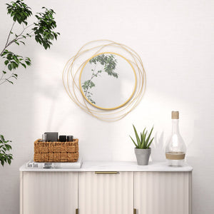 English Elm HOMCOM Round Metal Wall Mirror with Asymmetrical Frame, Thick Glass Reflective Art for Living Room Bedroom Dining Room Gold W2225P217274