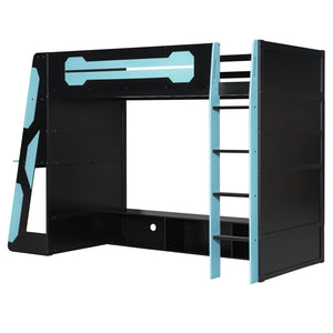 English Elm Twin Gaming Loft Bed with Desk Rgb Lighting and Multi-tier Shelves for Teen Rooms Blue LT000160AAC