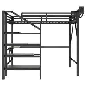 English Elm Queen Metal Loft Bed with Staircase Storage Foldable Desk and Built-in Charging W2580S00073