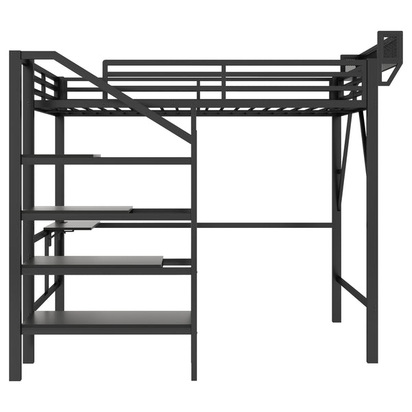 English Elm Queen Metal Loft Bed with Staircase Storage Foldable Desk and Built-in Charging W2580S00073