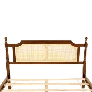 English Elm Queen Pine Bed with Rattan Headboard & Footboard, Walnut Finish, Space-Saving Central Platform Design W504P269833