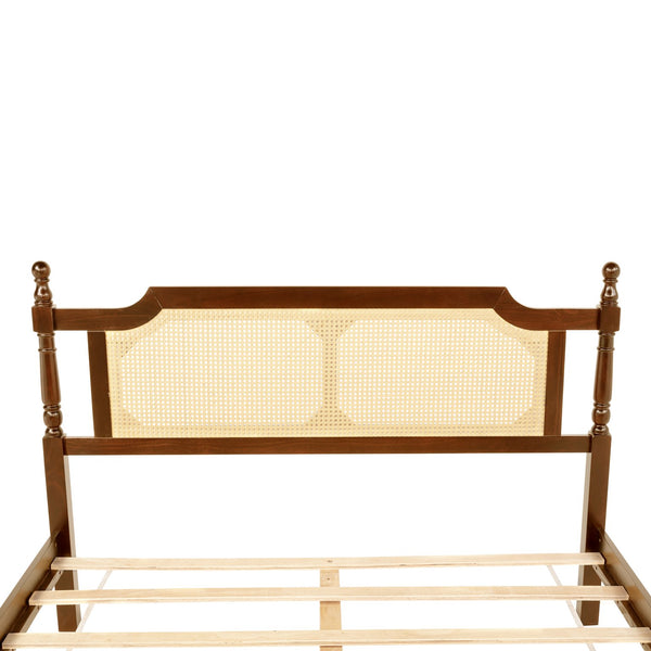 English Elm Queen Pine Bed with Rattan Headboard & Footboard, Walnut Finish, Space-Saving Central Platform Design W504P269833