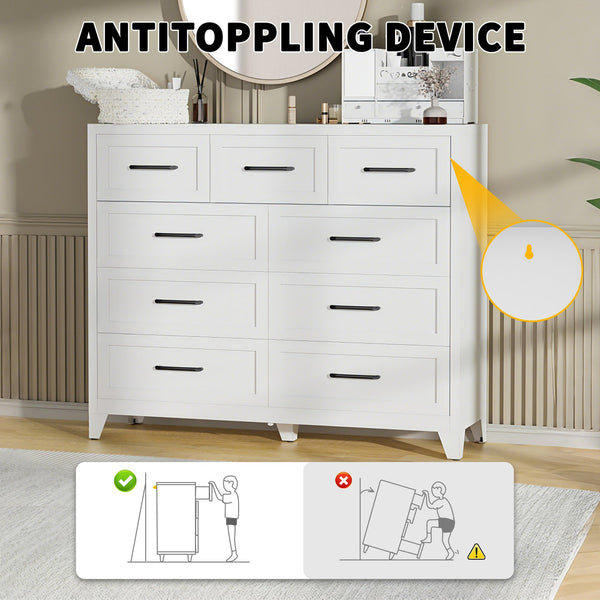 English Elm 7-drawer Steel Dresser Wide Low Profile White Cabinet for Bedroom or Entryway T2398P498868