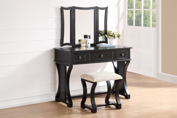 English Elm Unique Modern Pine Wood Vanity Set with 3-Panel Foldable Mirror, Cushioned Stool, Drawers — Rustic Chic B011P354536