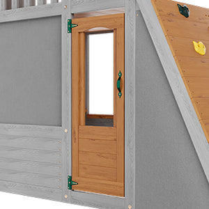 English Elm Large Two Story Wooden Kids Outdoor Playhouse with Lookout Telescope Sandbox and Ramp W2992S00003