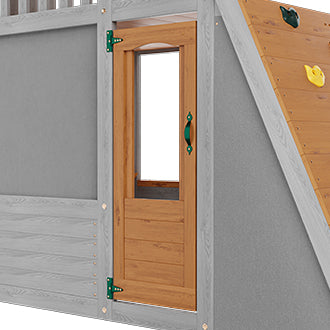English Elm Large Two Story Wooden Kids Outdoor Playhouse with Lookout Telescope Sandbox and Ramp W2992S00003
