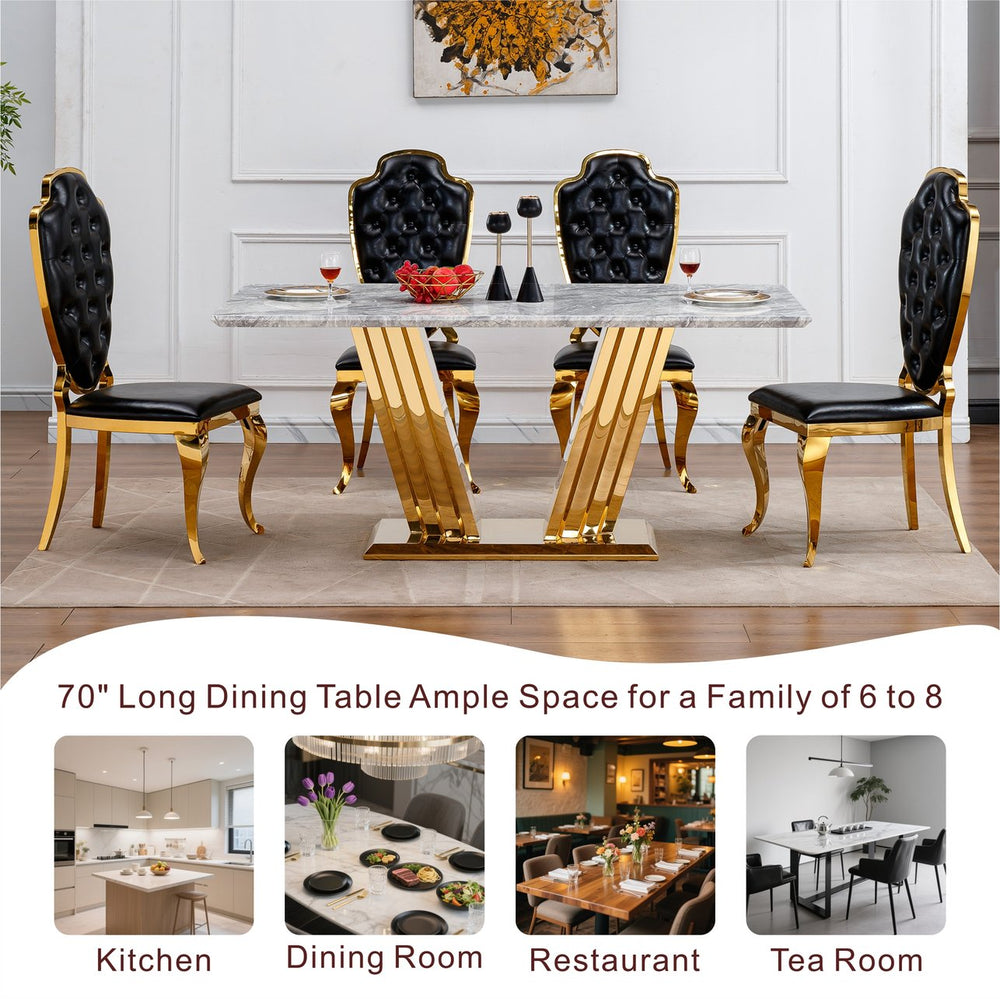 English Elm Marble Dining Table For 6-8 People, Modern Faux Marble Top & Chrome Base, Stylish Kitchen Centerpiece W3456S00049