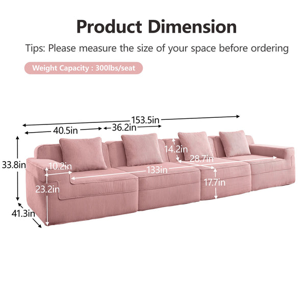 English Elm Modular 4-Seat Boneless Sofa - Plush Pink Corduroy Cloud Sectional Couch With Versatile Design & Comfort W3041S00341