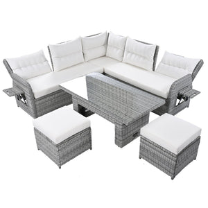 English Elm Outdoor Rattan Furniture Set With Adjustable Recliners, Versatile Tables, And Ottomans For Patios N719Z000120A-GIGA