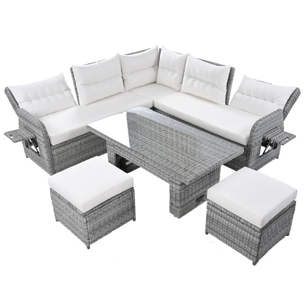 English Elm Outdoor Rattan Furniture Set With Adjustable Recliners, Versatile Tables, And Ottomans For Patios N719Z000120A-GIGA
