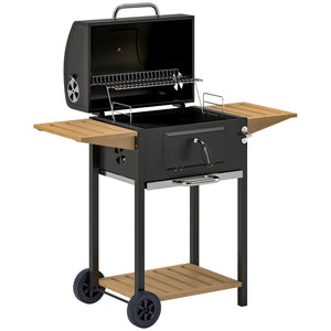 English Elm Charcoal Barrel Grill with Adjustable Heat Control and Enameled Grates for Backyard Cooking T3971P420788