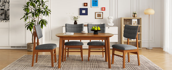 English Elm Mid-century Solid Wood Dining Table Set for 4 — 5-Piece Farmhouse Style, Upholstered Chairs, Space-Saving N752S000016D