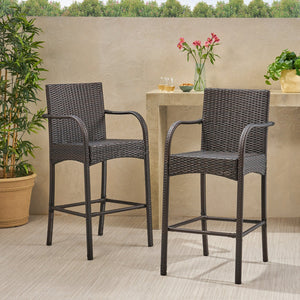 English Elm Christopher Knight Home® - CASCADA Outdoor Wicker Barstools Set of 2 — Durable Powder-Coated Iron Frame, Handcrafted Faux Rattan Lounge Brown 64901.00MBRN