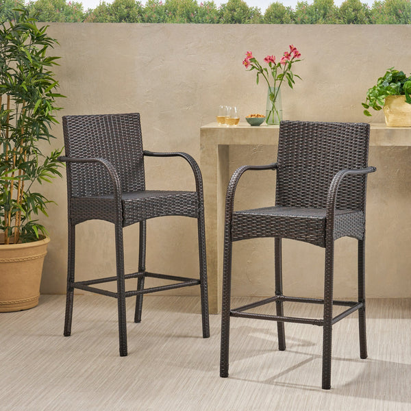 English Elm Christopher Knight Home® - CASCADA Outdoor Wicker Barstools Set of 2 — Durable Powder-Coated Iron Frame, Handcrafted Faux Rattan Lounge Brown 64901.00MBRN