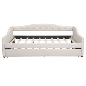 English Elm Upholstered Full XL Daybed with LED Belt and Trundle, Linen Backrest, Modern Silhouette, 450lb Capacity Beige DL002059AAA