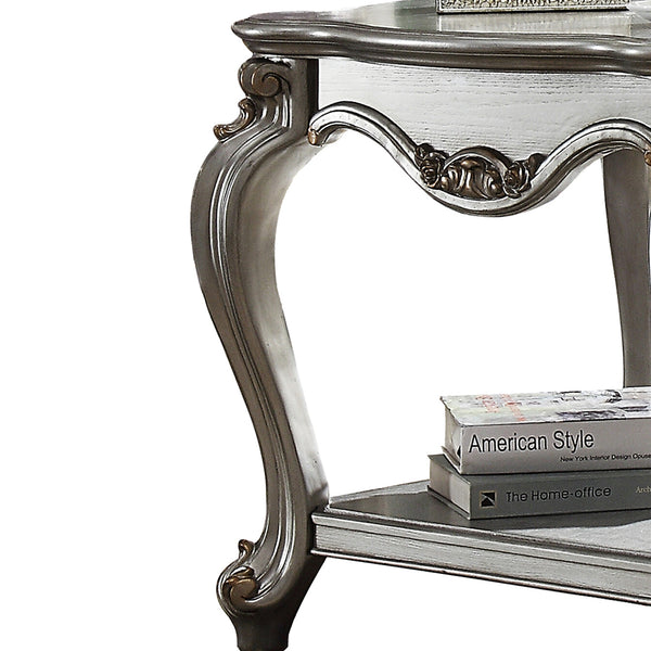 English Elm Antique scalloped-top end table with Queen Anne legs, square design and lower shelf for display elegance Silver B062P209103