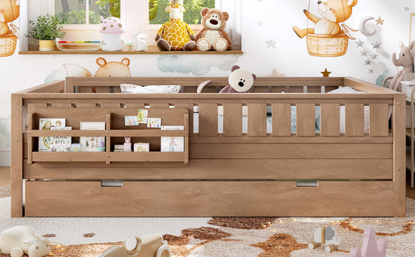 English Elm Queen Bunk Bed with Trundle Solid Pine Kids Car Themed Frame Built-in Bookshelf Natural W1580S00564