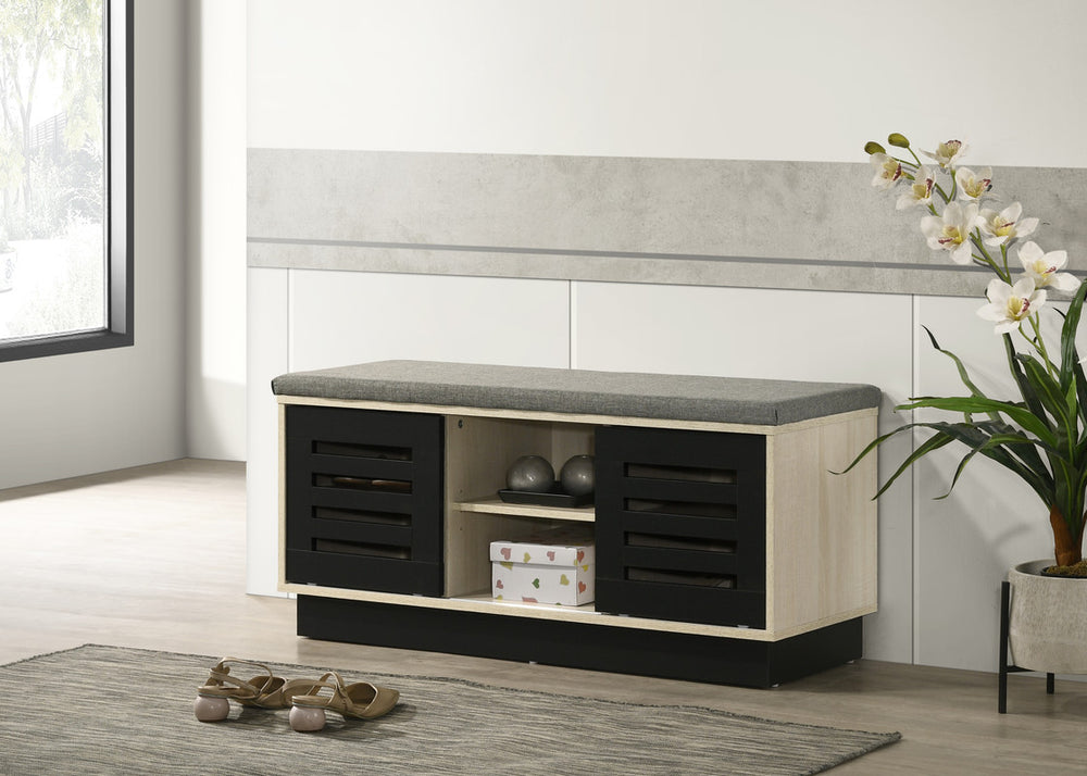 English Elm Brio Oak Entryway Shoe Cabinet with Sliding Doors and Upholstered Bench Seat B2749P413256