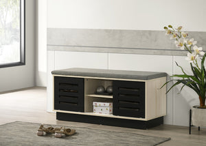 English Elm Brio Oak Entryway Shoe Cabinet with Sliding Doors and Upholstered Bench Seat B2749P413256