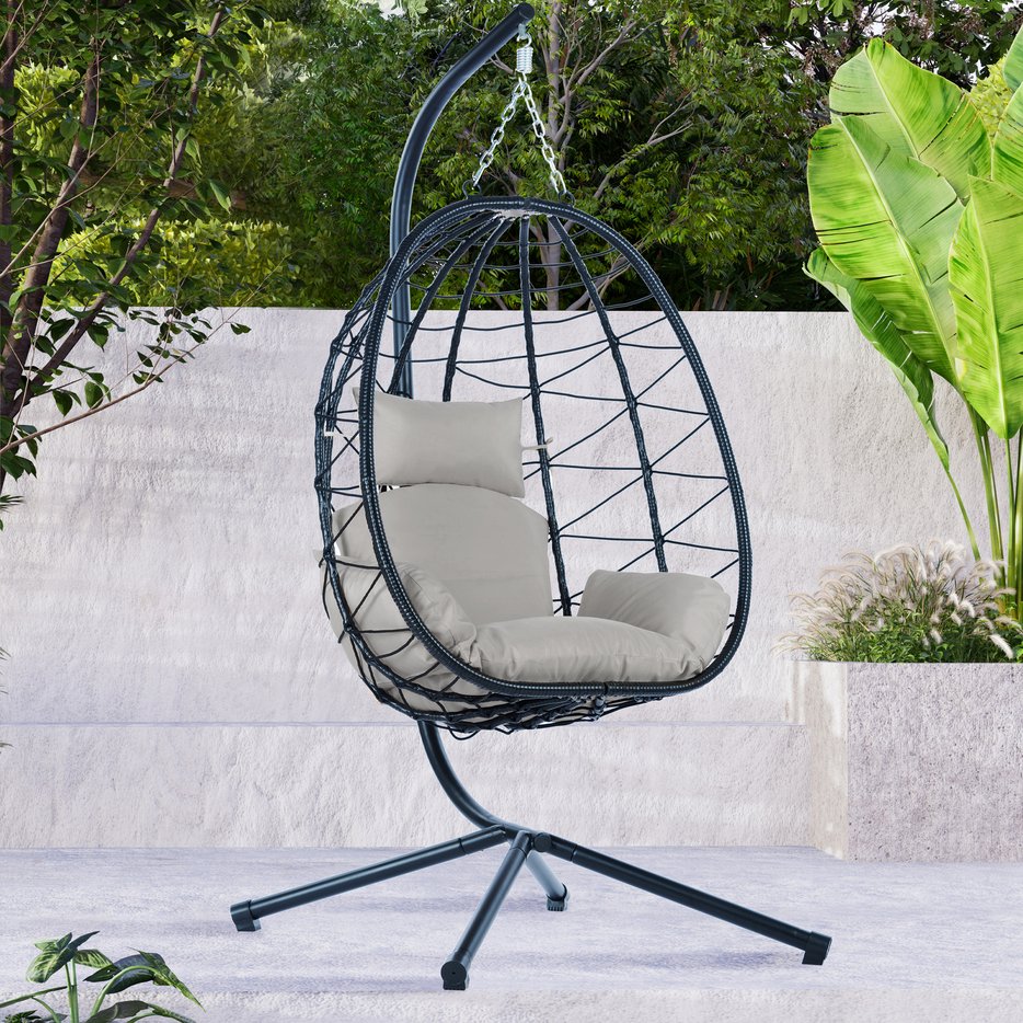 English Elm Egg Rattan Hanging Chair with Stand – All-Weather PE Wicker Swing Seat, Cozy Cushion, 350lb Capacity Light Gray W874106467