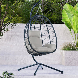 English Elm Egg Rattan Hanging Chair with Stand – All-Weather PE Wicker Swing Seat, Cozy Cushion, 350lb Capacity Light Gray W874106467