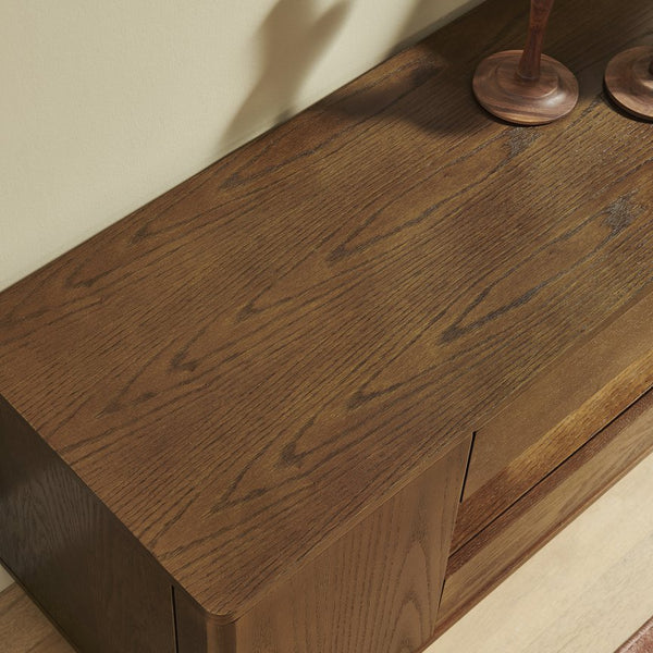 English Elm 59" Mid-century Walnut Entertainment Center Low Profile Media Console with Carved Cabinets W1801P457802