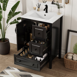 English Elm Christopher Knight Home® - 24 Freestanding Retro Bathroom Vanity with Ceramic Sink, Soft-Close Cabinet & Drawers, Painted MDF Finish Black N759P292551B